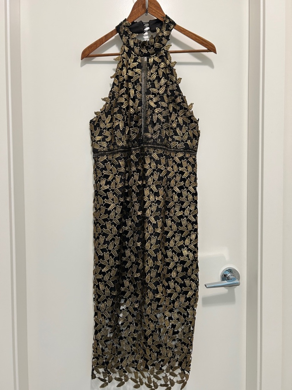 Bardot Black and Gold Leaf-Embroidered Halter Midi Dress